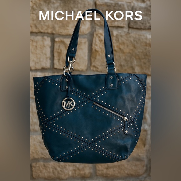 Michael Kors Handbags - Michael Kors Astor Large Studded Blue Leather Tote Satchel Shoulder Bag Rocker